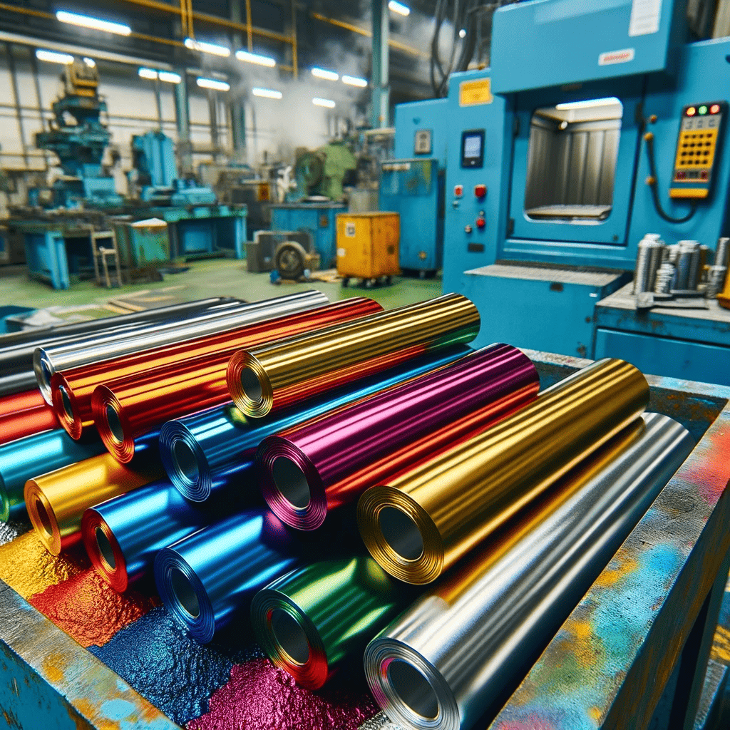 An aluminium factory with a lot of colorful metal tubes.