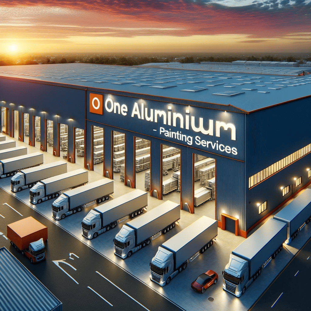 An Aluminium Painting Services warehouse with trucks parked in front of it, offering painting services.