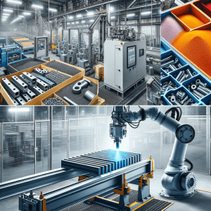 A collage of different images of machinery in a factory, including steel equipment and machinery undergoing Steel Powder coating service.