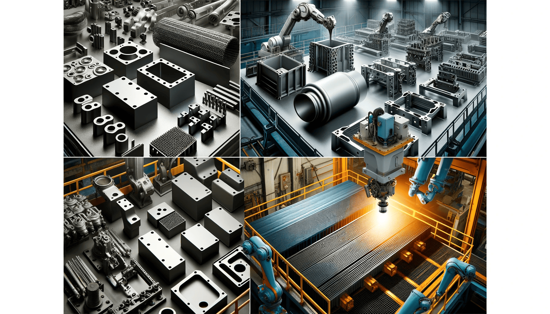 A series of pictures showing metal parts being coated with Steel Powder coating service in a steel factory.