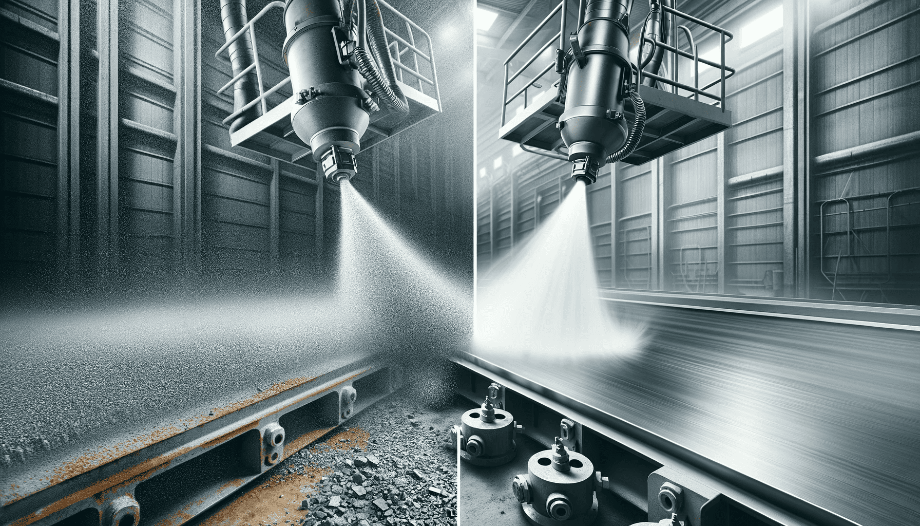 A machine in a factory sprays water on a conveyor belt for {Sandblasting service}.