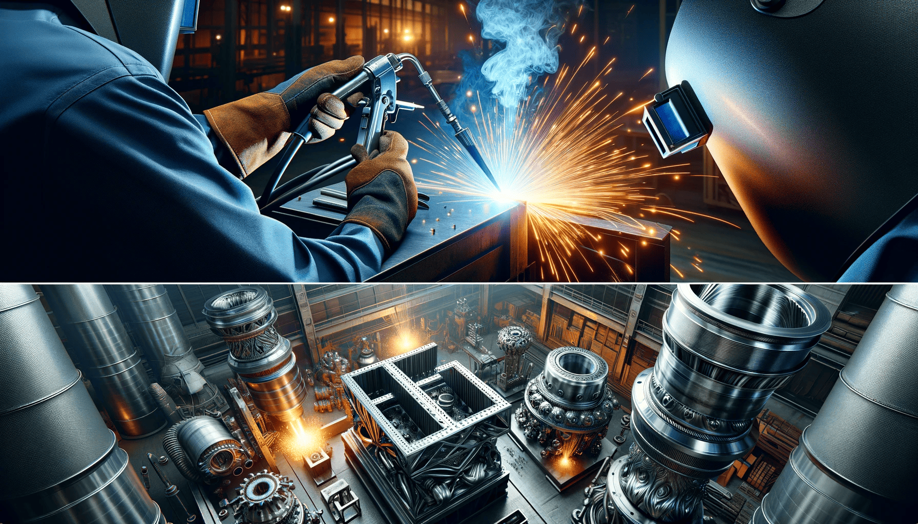 Two pictures showcasing a skilled welder providing Welding service in a factory.